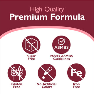 Product label with high quality premium formula features on a red and white background