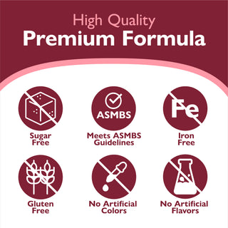 High quality premium formula icons and text indicating high quality, premium formula Icons, sugar free, meets asmbs guidelines, gluten free, no artificial colors or flavors