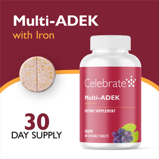 Celebrate Multi-ADEK dietary supplement bottle with grape flavor, shown alongside a single round tablet and text reading 'Multi-ADEK with Iron' and '30 DAY SUPPLY' on a maroon and white background.