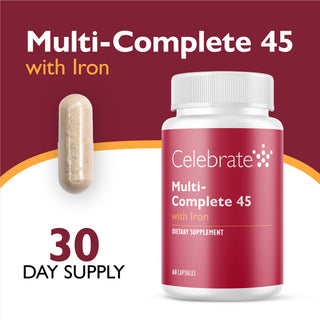 Celebrate Multi-Complete 45 with Iron dietary supplement bottle shown next to a single capsule on a maroon and white background with text indicating 30 day supply.