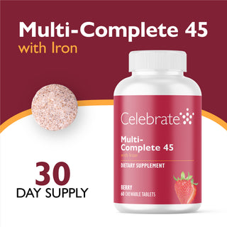 Celebrate Multi-Complete 45 with Iron dietary supplement bottle on a white background with a dark red header. The bottle is white with a dark red label featuring a strawberry graphic.