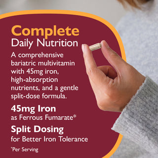 Multivitamin packaging with text about iron content and split-dose formula, held by a hand.