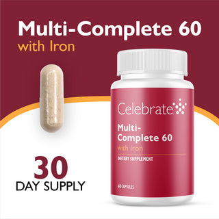 Celebrate Multi-Complete 60 with Iron dietary supplement bottle shown next to a single capsule on a maroon and white background with text indicating 30 day supply.