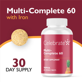 Celebrate Multi-Complete 60 with Iron dietary supplement bottle, featuring a white bottle with a dark red label, shown alongside a single chewable tablet and promotional text on a maroon and white background.