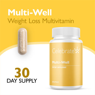 Celebrate Multi-Well weight loss multivitamin dietary supplement bottle with a single capsule shown beside it on a yellow and white graphic background with '30 DAY SUPPLY' text.
