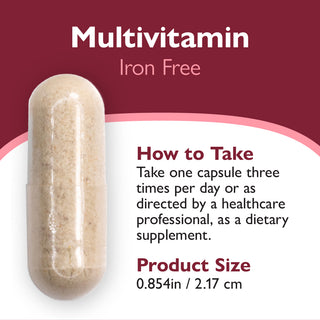Multivitamin capsule labeled 'Multi-ADEK Iron Free' with instructions on how to take it.
