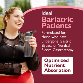 Woman holding a water bottle with text about bariatric patients and optimized nutrient absorption.