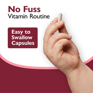 Hand holding a vitamin capsule with 'No Fuss Vitamin Routine' text on a white background