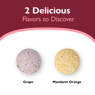 Two round cookies labeled 'Grape' and 'Mandarin Orange' on a white background with a red banner at the top.