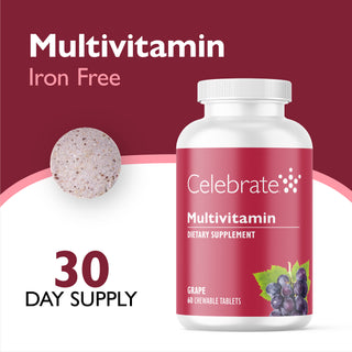 A bottle of Celebrate brand Multivitamin dietary supplement, grape flavor, with 60 chewable tablets. The bottle is white with a dark red label featuring a grape illustration.