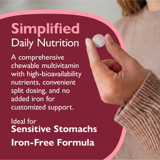 Multivitamin tablet held by a hand with promotional text about simplified daily nutrition.