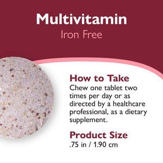 Multivitamin iron-free supplement with instructions and product size on a red and white background