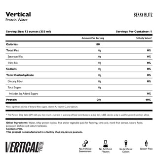 Nutrition label for Vertical Protein Water Berry Blitz flavor