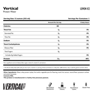 Nutrition label for Vertical Protein Water Lemon Ice flavor
