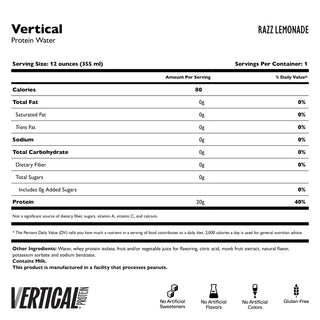 Nutrition label for Vertical Protein Water Razz Lemonade flavor on a white background