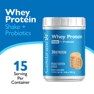 Celebrate Whey Protein Shake + Probiotics container with blue label and white cap on a blue and white background.