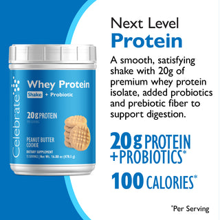Celebrate Whey Protein Shake + Probiotic container with blue label and white cap on a white background.
