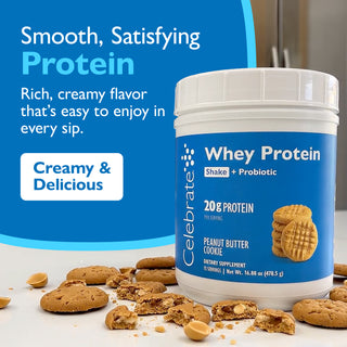 Celebrate Whey Protein container with cookies on a white surface and blue background