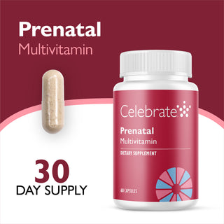 Celebrate Prenatal Multivitamin dietary supplement bottle with a white cap and a single beige capsule shown beside it on a maroon and white background with text reading 'Prenatal Multivitamin' and '30 DAY SUPPLY'.