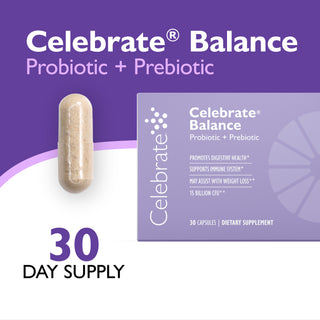 Celebrate Balance Probiotic + Prebiotic dietary supplement packaging and a single capsule on a purple and white background, with text indicating a 30 day supply.