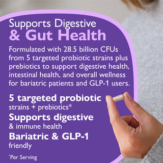 Promotional graphic with a purple text panel reading about digestive and gut health benefits, alongside a hand holding a capsule pill. The design includes white text and a soft lavender border.