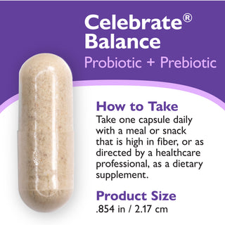A supplement capsule shown on a purple and white graphic card. The card reads 'Celebrate Balance Probiotic + Prebiotic' and includes a 'How to Take' section and product size information.