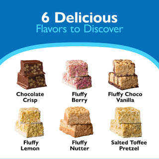 Promotional graphic showing six flavored rice crispy bar varieties under the heading '6 Delicious Flavors to Discover.' The flavors pictured are Chocolate Crisp, Fluffy Berry, Fluffy Choco Vanilla, Fluffy Lemon, Fluffy Nutter, and Salted Toffee Pretzel, each shown as a small stack of golden-brown bars with text labels below on a white background with a blue header.
