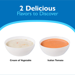 Promotional graphic showing two bowls of soup on a white background with a blue header. The left bowl contains a creamy off-white soup labeled 'Cream of Vegetable,' and the right bowl contains an orange-red soup labeled 'Italian Tomato.