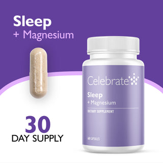 Celebrate Sleep + Magnesium dietary supplement bottle on a purple and white background, with a single beige capsule shown beside it and text reading 'Sleep + Magnesium' and '30 Day Supply'.