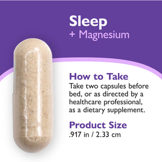 A supplement capsule filled with beige powder shown on a purple and white graphic with text reading 'Sleep + Magnesium,' 'How to Take,' and 'Product Size .917 in / 2.