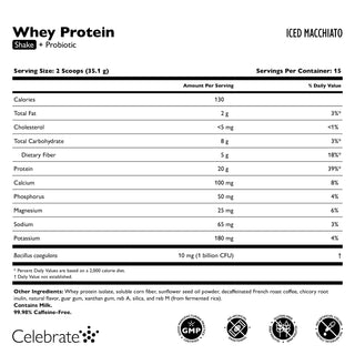 Nutritional label for a whey protein shake with ICED MACCHIATO flavor, featuring the Celebrate brand.
