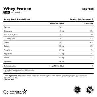 Nutritional label for whey protein shake with probiotic on a white background