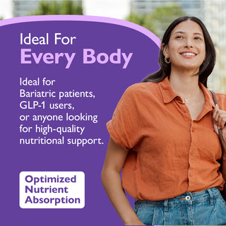 A promotional graphic with a purple text panel on the left and a smiling woman in an orange blouse and jeans on the right. The text reads, 'Ideal For Every Body' and 'Ideal for Bariatric patients, GLP-1 users, or anyone looking for high-quality nutritional support.