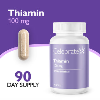 Celebrate Thiamin 100 mg dietary supplement bottle with a single capsule shown beside it on a purple and white background, with text indicating 90 day supply.