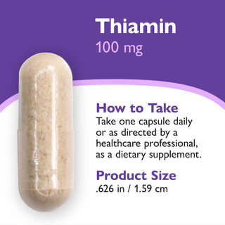 A 100 mg thiamin capsule filled with light tan powder, shown on a purple and white graphic background with text detailing dosage and product size.
