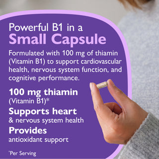 A hand holds a small white capsule against a purple informational graphic that reads 'Powerful B1 in a Small Capsule' with text about 100 mg thiamin (Vitamin B1) and benefits for heart and nervous system health.