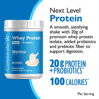 Celebrate Whey Protein Shake + Probiotic container with product details on a blue and white background
