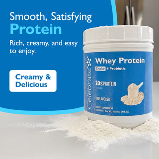 Celebrate Whey Protein container with text about smooth, satisfying protein on a blue background