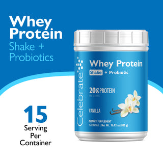 Celebrate Whey Protein Shake + Probiotic vanilla flavor container on a blue and white background with text reading 'Whey Protein Shake + Probiotics' and '15 Serving Per Container'.