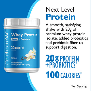 Celebrate brand Whey Protein + Probiotic vanilla shake mix tub shown on a blue and white promotional graphic with text highlighting 20g protein, probiotics, and 100 calories per serving.