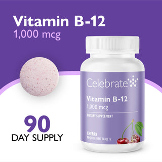Celebrate Vitamin B-12 dietary supplement bottle with a white cap and lavender label, shown on a purple and white background with a cherry tablet and text reading 1,000 mcg and 90 day supply.