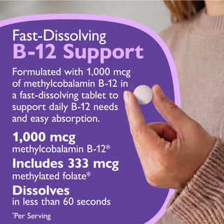 A hand holds a single round white supplement tablet between fingers against a soft-focus background of a person wearing a beige sweater. Large purple and white text on the left reads 'Fast-Dissolving B-12 Support' with details about 1,000 mcg methylcobalamin B-12 and folate content.