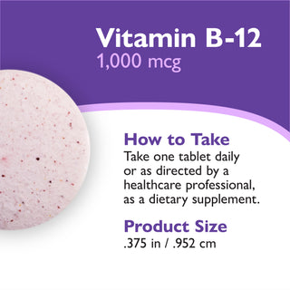A purple and white informational graphic for Vitamin B-12 1,000 mcg, showing a round pale pinkish tablet with small dark specks on the left and text explaining dosage and product size.